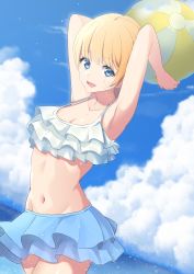 Rule 34 | 1girl, :d, absurdres, animification, apex legends, armpits, arms behind head, arms up, ball, bare shoulders, beachball, bikini, bikini skirt, blonde hair, blue eyes, blue skirt, blue sky, blush, breasts, burn scar, cleavage, cloud, collarbone, commentary request, cowboy shot, day, eyelashes, facial scar, frilled bikini, frills, groin, hair between eyes, highres, holding, holding ball, holding beachball, lichtenberg figure, looking at viewer, mau., medium breasts, midriff, navel, ocean, open mouth, outdoors, scar, scar on cheek, scar on face, short hair, skirt, sky, smile, solo, standing, stomach, swimsuit, water, wattson (apex legends), white bikini