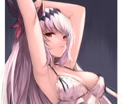 Rule 34 | 1girl, armpits, arms up, babydoll, bad id, bad pixiv id, bare arms, bare shoulders, breasts, cleavage, commentary request, covered erect nipples, dark jeanne, frills, granblue fantasy, hair ornament, highres, jeanne d&#039;arc (granblue fantasy), koretsuki azuma, long hair, looking at viewer, medium breasts, parted lips, red eyes, solo, upper body, white babydoll, white hair