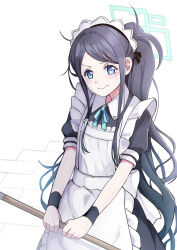 Rule 34 | 1girl, absurdres, apron, aris (blue archive), aris (maid) (blue archive), black dress, black hair, black wristband, blue archive, blue eyes, blue ribbon, bright pupils, closed mouth, collared dress, commentary request, dress, highres, holding, long hair, looking to the side, maid apron, maid headdress, neck ribbon, official alternate costume, osunu, ponytail, puffy short sleeves, puffy sleeves, ribbon, short sleeves, sidelocks, solo, standing, sweat, very long hair, white apron, white pupils