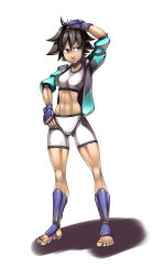 Rule 34 | 1girl, abs, alternate costume, armor, barefoot, bike shorts, black hair, greaves, hand on own head, hand on own hip, jacket, makoto (street fighter), open clothes, open jacket, shin guards, short hair, sleeves rolled up, solo, sports bra, standing, street fighter, t03nemesis, toes