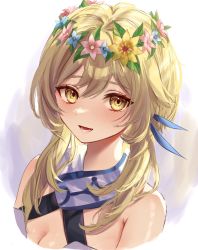 Rule 34 | 1girl, bare shoulders, blonde hair, blue flower, blush, commentary request, dress, flower, genshin impact, grey dress, hair between eyes, hair ornament, head wreath, highres, leaf, leaf hair ornament, looking to the side, lumine (genshin impact), open mouth, pink flower, purple background, short hair, short hair with long locks, sidelocks, sleeveless, sleeveless dress, smile, solo, teeth, tongue, una kamra, upper body, white background, yellow eyes, yellow flower
