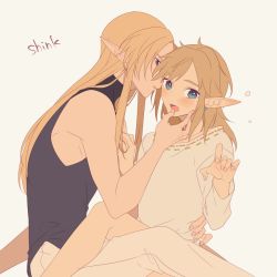 Rule 34 | 2boys, arm around waist, blonde hair, blue eyes, blush, earrings, genderswap, genderswap (ftm), imminent kiss, jewelry, link, long hair, long pointy ears, looking at viewer, male focus, miri (cherryjelly), multiple boys, nervous, nintendo, pants, parted lips, pointy ears, red eyes, sheik, shirt, simple background, sleeveless, the legend of zelda, white background, white pants, white shirt, yaoi