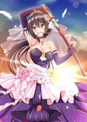 Rule 34 | 1girl, armpits, azur lane, bare shoulders, blue choker, blue gloves, blue wedding dress, blush, bridal veil, bride, brown hair, choker, collarbone, commentary request, diadem, dress, elbow gloves, feathers, floating hair, flower, gloves, hair between eyes, hair flower, hair ornament, head tilt, holding, holding sword, holding weapon, horns, lace-trimmed choker, lace trim, long hair, looking at viewer, mikasa (azur lane), mouth hold, ougi (ihayasaka), pink flower, pink rose, ribbon, ribbon in mouth, rose, shiny skin, sky, sparkle, strapless, strapless dress, sword, veil, weapon, wedding dress, yellow eyes