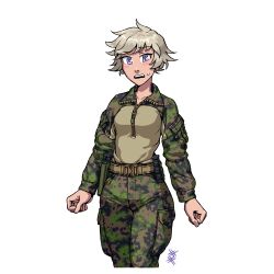 Rule 34 | 1girl, absurdres, ammunition pouch, artist logo, belt, blonde hair, blush, breasts, camouflage, camouflage jacket, camouflage pants, cargo pants, collarbone, commentary, cropped legs, finland, finnish army, gun, handgun, highres, holster, holstered, jacket, koso (ostwindprojekt), long sleeves, looking at viewer, magazine (weapon), messy hair, military, military uniform, open mouth, ostwindprojekt, pants, partially unzipped, pocket, pouch, purple eyes, redesign, seno lepo, short hair, simple background, small breasts, solo, standing, sweat, sweatdrop, teeth, uniform, upper teeth only, utility belt, weapon, white background, woodland camouflage, zipper, zipper pull tab