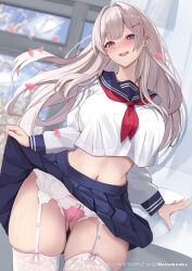 Rule 34 | 1girl, black sailor collar, black skirt, breasts, camel, cherry blossoms, clothes lift, commentary, cropped shirt, falling petals, garter belt, gluteal fold, grey hair, hair ornament, hairclip, large breasts, lifted by self, long hair, long sleeves, looking at viewer, midriff, navel, neckerchief, open mouth, original, panties, petals, pink panties, pleated skirt, purple eyes, red neckerchief, sailor collar, school uniform, shirt, skirt, skirt lift, smile, solo, symbol-only commentary, thighhighs, underwear, untue, white garter belt, white shirt, white thighhighs