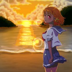 Rule 34 | 1girl, artist name, artist request, bare legs, beach, blush, bow, braid, breasts, cloud, collarbone, detached sleeves, female focus, floating hair, from behind, grey sailor collar, grey skirt, hair bow, hair ornament, hairclip, highres, long sleeves, looking at viewer, looking back, love live!, love live! sunshine!!, miniskirt, ocean, orange hair, orange sky, outdoors, parted lips, plaid, plaid skirt, pleated, pleated skirt, red eyes, red neckwear, ribbon, sailor collar, school uniform, shirt, short hair, short sleeves, side braid, sideboob, single braid, skirt, sky, small breasts, smile, solo, sunset, takami chika, tie clip, uranohoshi school uniform, white shirt, yellow bow