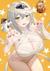 Rule 34 | 1girl, bandages, black nails, blush, braid, breasts, cleavage, crown braid, ghost, ghost pose, green eyes, grey hair, hairband, halloween, hands up, highres, hololive, kul (ngsensei), large breasts, looking at viewer, mummy, nail polish, no nose, open mouth, raised eyebrows, shiranui flare, shirogane noel, short hair, solo, star (symbol), virtual youtuber, yellow background