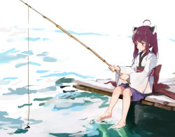 Rule 34 | 1girl, ahoge, barefoot, blue skirt, brown hair, closed mouth, commentary request, day, fishing, fishing rod, headgear, holding, holding fishing rod, japanese clothes, kimono, lamb (hitsujiniku), long sleeves, looking away, obi, outdoors, pier, pleated skirt, red eyes, sash, sitting, skirt, solo, touhoku kiritan, twintails, voiceroid, water, white kimono, wide sleeves