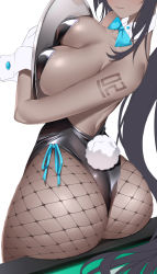 Rule 34 | 1girl, ass, bad id, bad twitter id, bare shoulders, black hair, black leotard, blue archive, bow, bowtie, breasts, cleavage, closed mouth, dark-skinned female, dark skin, detached collar, fishnet pantyhose, fishnets, gloves, head out of frame, holding, holding tray, huge ass, karin (blue archive), karin (bunny) (blue archive), kippuru, large breasts, leotard, long hair, looking at viewer, pantyhose, playboy bunny, ponytail, rabbit tail, ribbon, solo, tail, tray, very long hair, white background, white gloves, wrist cuffs