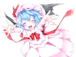 1girl :d ^_^ bat_wings blue_hair blush closed_eyes closed_eyes female_focus hair_ribbon hat hat_ribbon open_mouth outstretched_arms remilia_scarlet ribbon skirt smile solo touhou white_background wings yukinon yukinon_(tsuki_koubou)