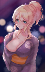 Rule 34 | 1girl, ayase eli, bad id, bad pixiv id, blonde hair, blue eyes, breasts, japanese clothes, kimono, kimono pull, large breasts, lichi (elielielichi 10), looking at viewer, love live!, love live! school idol project, nipples, ponytail, shirt, sidelocks, solo, tagme