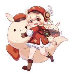 Rule 34 | 1girl, :&lt;, :d, ahoge, backpack, bag, bare legs, blonde hair, boots, bow, brown bag, brown footwear, brown gloves, cabbie hat, clover, clover print, dodoco (genshin impact), dress, four-leaf clover, genshin impact, gloves, gold trim, gradient eyes, hair between eyes, hat, hat feather, highres, holding, holding stuffed toy, jumpy dumpty, klee (genshin impact), light blush, long sleeves, looking at viewer, low twintails, medium hair, multicolored eyes, nami harakamiaka, open mouth, pointy ears, puffy long sleeves, puffy sleeves, randoseru, red bow, red dress, red eyes, red hat, running, sidelocks, simple background, smile, stuffed animal, stuffed toy, teeth, twintails, upper teeth only, white background