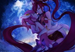 Rule 34 | 2girls, alternate costume, bare shoulders, blush, face-to-face, gloves, heart, highres, jinx (league of legends), league of legends, long hair, lux (league of legends), md5 mismatch, multiple girls, one eye closed, open mouth, rebyo, self-upload, smile, star guardian (league of legends), star guardian jinx, star guardian lux, yuri