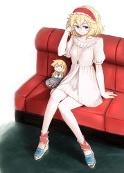 Rule 34 | 1girl, alice margatroid, alternate costume, ascot, blonde hair, blue dress, blue eyes, blush, bow, capelet, contemporary, couch, daitai konna kanji, doll, dress, female focus, hair bow, hairband, hand in own hair, jewelry, leg ribbon, long hair, necklace, pendant, pink dress, pink skirt, red upholstery, ribbon, shanghai doll, short hair, sitting, skirt, smile, solo, touhou, wedge heels, | |
