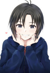 Rule 34 | 1girl, :d, antenna hair, black hair, blue hoodie, blush, commentary, grin, hair between eyes, hands on own face, heart, hood, hood down, hoodie, idolmaster, idolmaster (classic), kikuchi makoto, looking at viewer, mogskg, open mouth, pink shirt, portrait, shirt, short hair, simple background, smile, solo, upper body, white background, zipper