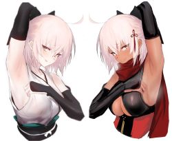 Rule 34 | 2girls, :p, ahoge, arm above head, armpits, black sash, blush, breasts, clothing cutout, dark-skinned female, dark skin, detached sleeves, dual persona, fate/grand order, fate (series), from side, hand up, koha-ace, large breasts, long sleeves, looking at viewer, multiple girls, obi, okita souji (fate), okita souji (koha-ace), okita souji alter (fate), okita souji alter (first ascension) (fate), pale skin, pink hair, presenting armpit, red scarf, sash, scarf, sideboob, simple background, smile, steaming body, tongue, tongue out, ulrich (tagaragakuin), underboob, underboob cutout, white background, yellow eyes
