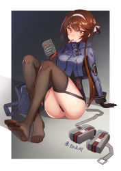 Rule 34 | 1girl, absurdres, artist name, ass, bag, black gloves, black thighhighs, brown eyes, brown hair, feet, food, girls&#039; frontline, gloves, hairband, hebai xiaochuan, highres, holding, holding food, jacket, jerky, knees up, looking at viewer, mouth hold, school bag, short hair with long locks, sitting, soles, solo, thighhighs, thighs, toes, tsurime, type 79 (girls&#039; frontline)
