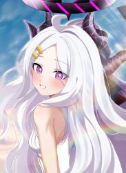 Rule 34 | 1girl, absurdres, ahoge, black horns, blue archive, blush, breasts, demon horns, halo, highres, hina (blue archive), horns, karaage (xxxmido02), long hair, looking at viewer, open mouth, purple eyes, sleeveless, sleeveless sweater, small breasts, smile, solo, sweater, upper body, very long hair, white hair, white sweater
