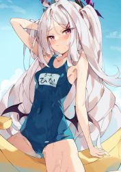 Rule 34 | 1girl, ahoge, arm behind head, arm up, banana boat, blue archive, blue one-piece swimsuit, blue sky, blush, breasts, cameltoe, closed mouth, cloud, commentary request, covered navel, day, hair ornament, hairclip, halo, highres, hina (blue archive), hina (swimsuit) (blue archive), horns, inflatable toy, long hair, low wings, name tag, old school swimsuit, on banana, one-piece swimsuit, outdoors, parted bangs, purple eyes, purple wings, school swimsuit, shirt, sky, small breasts, solo, swimsuit, two side up, unacchi (nyusankin), very long hair, white shirt, wings