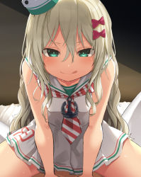 Rule 34 | 1girl, :q, anchor, bare arms, bare shoulders, bow, dress, girl on top, grecale (kancolle), green eyes, grey hair, hair between eyes, hair bow, hat, kantai collection, long hair, looking at viewer, meth (emethmeth), neckerchief, sailor collar, sailor dress, short dress, sleeveless, sleeveless dress, smile, solo focus, spread legs, striped neckerchief, striped neckwear, sweat, thighs, tilted headwear, tongue, tongue out, white dress