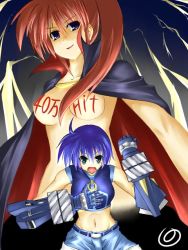 Rule 34 | 00s, 2girls, angry, blue hair, bodypaint, boshinote, breasts, brown eyes, cape, clenched hand, collarbone, fighting stance, gauntlets, milestone celebration, looking at viewer, lyrical nanoha, mahou shoujo lyrical nanoha, mahou shoujo lyrical nanoha strikers, midriff, multiple girls, red hair, revolver knuckle, short hair, standing, subaru nakajima, takamachi nanoha