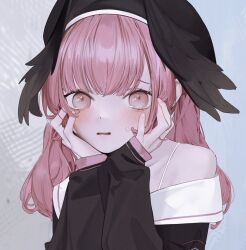 Rule 34 | 1girl, black headwear, black shirt, black wings, blue archive, blush, close-up, feathered wings, hands on own cheeks, hands on own face, head wings, highres, jiyeeey, koharu (blue archive), long hair, looking at viewer, parted lips, pink eyes, pink hair, sailor collar, shirt, single bare shoulder, solo, white sailor collar, wings