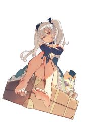 Rule 34 | 1girl, barefoot, black gloves, doll joints, drses, elbow gloves, feet, gloves, granblue fantasy, hat, joints, mini hat, orchis, ponzu (catponz), red eyes, silver hair, sitting, solo, stuffed animal, stuffed toy, suitcase, twintails
