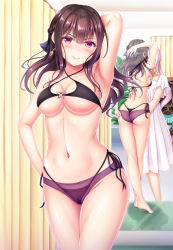 Rule 34 | 2girls, arm at side, arm up, armpits, ass, back, bikini, black bikini, blunt bangs, breasts, brown hair, cameltoe, cleavage, closed mouth, collarbone, commentary request, commission, dress, earrings, fitting room, highres, hiro (725611), jewelry, looking at viewer, medium breasts, multiple girls, navel, original, pixiv commission, purple eyes, reflection, see-through, see-through swimsuit, side-tie bikini bottom, smile, solo focus, standing, stomach, swimsuit, underboob, v-shaped eyebrows, white dress, white hair