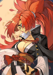 Rule 34 | 1girl, absurdres, alwaysregg, baiken, big hair, black jacket, black kimono, breasts, cleavage, eyepatch, facial tattoo, guilty gear, guilty gear strive, highres, jacket, jacket on shoulders, japanese clothes, kataginu, katana, kimono, large breasts, long hair, multicolored clothes, multicolored kimono, one-eyed, open clothes, open kimono, petals, ponytail, red eyes, red hair, samurai, scar, scar across eye, scar on face, sword, tattoo, torn sleeve, weapon