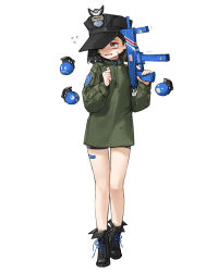 Rule 34 | 1girl, bandaid, bare legs, black footwear, black headwear, black shorts, blush, green shirt, gun, highres, holding, holding gun, holding weapon, long sleeves, one eye covered, original, parted lips, rinotuna, shadow, shirt, shoes, shorts, simple background, solo, tears, weapon, white background