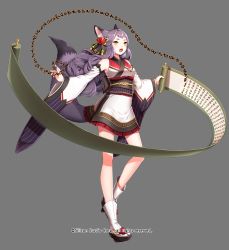 Rule 34 | 1girl, animal ears, bow, company name, curly hair, fox ears, fox tail, full body, grey background, gyakushuu no fantasica, hair ornament, japanese clothes, long hair, millgua, official art, open mouth, purple hair, sandals, scroll, simple background, solo, tail, wolf ears, wolf tail, yellow eyes