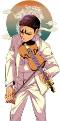 Rule 34 | 1boy, alternate hairstyle, artist name, black eyes, bow (music), closed mouth, dark-skinned male, dark skin, dragon, eastern dragon, formal, golden kamuy, green background, hand up, highres, holding, holding bow (music), holding instrument, holding violin, instrument, koito otonoshin, long sleeves, looking at object, male focus, music, orange background, pants, playing instrument, short hair, signature, solo, standing, suit, tsuruko turuta, very short hair, vest, violin, white background, whorled clouds, yellow pants, yellow suit, yellow vest