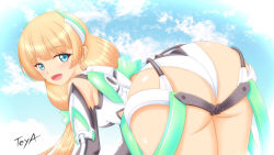Rule 34 | 1girl, angela balzac, ass, bare shoulders, bent over, blonde hair, blue eyes, blush, breasts, elbow gloves, from behind, gloves, hair ornament, headgear, huge ass, leotard, long hair, looking at viewer, looking back, low twintails, medium breasts, open mouth, rakuen tsuihou, shiny skin, sideboob, smile, solo, teya, thigh strap, twintails, very long hair