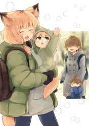 Rule 34 | 2boys, 2girls, :d, :o, animal ear fluff, animal ears, animal hood, arm up, backpack, bag, batta (kanzume quality), blue coat, blurry, blurry background, blush, blush stickers, border, breasts, brown bag, brown gloves, bubble, blowing bubbles, child, closed mouth, coat, commentary request, denim, fangs, feet out of frame, fox ears, fox girl, fox tail, gloves, green bag, green coat, green gloves, grey coat, grey hoodie, hair over eyes, hand up, hood, hood down, hood up, hoodie, jeans, letterboxed, looking up, medium breasts, medium hair, multiple boys, multiple girls, open clothes, open coat, open mouth, original, outside border, own hands together, pants, reaching, ribbed sweater, short hair, smile, sweater, tail, upper body, white border, white sweater