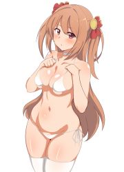Rule 34 | 1girl, bikini, breasts, brown hair, choker, cleavage, collarbone, curvy, eyes visible through hair, hair ribbon, highres, long hair, looking at viewer, medium breasts, navel, nozomi (princess connect!), princess connect!, red eyes, red ribbon, ribbon, seihekiog, side-tie bikini bottom, simple background, solo, standing, swimsuit, thighhighs, white background, white bikini, white choker, white thighhighs, wide hips