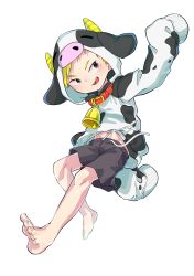Rule 34 | 1boy, absurdres, animal costume, animal ears, animal hood, animal print, barefoot, bell, blonde hair, commentary request, cow ears, cow print, feet, full body, highres, hood, hoodie, horns, long sleeves, looking at viewer, male focus, n2suke 2727, open mouth, original, short hair, shorts, simple background, sleeves past wrists, smile, solo, toes, white background