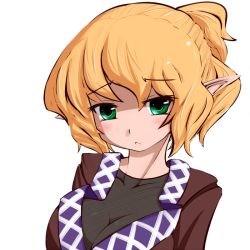 Rule 34 | 1girl, blonde hair, blush, breasts, cleavage, female focus, frown, green eyes, hakano shinshi, half updo, large breasts, mizuhashi parsee, pointy ears, short hair, solo, touhou, transparent background