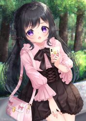 Rule 34 | 1girl, bag, black bow, black hair, black skirt, blurry, blurry background, blush, bow, braid, brown ribbon, cellphone, center frills, chestnut mouth, collared shirt, commentary request, day, depth of field, frills, hair ribbon, hedge, highres, holding, holding phone, lace, lace-trimmed skirt, lace trim, long hair, long sleeves, looking at viewer, mirai (happy-floral), open mouth, original, outdoors, phone, pink shirt, pleated skirt, puffy long sleeves, puffy sleeves, purple eyes, ribbon, shirt, shoulder bag, skirt, solo, tree, very long hair