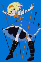Rule 34 | alice margatroid, blonde hair, blue eyes, blush, boots, buttons, capelet, cookie (touhou), decapitation, dress, eyes visible through hair, frilled dress, frilled hairband, frills, hairband, highres, ichigo (cookie), muzinneki, necktie, polearm, red hairband, red sash, sash, short hair, simple background, smile, spear, touhou, weapon, white capelet