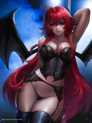 Rule 34 | 1girl, abstract background, ahoge, aqua eyes, arm up, armpits, bare shoulders, bat wings, black panties, black thighhighs, blue background, breasts, cleavage, closed mouth, collarbone, commentary, corset, demon wings, english commentary, eyelashes, female focus, garter belt, hair between eyes, high school dxd, large breasts, legs, lingerie, long hair, looking at viewer, navel, nextoad, panties, patreon username, pole, red hair, rias gremory, smile, solo, standing, thick thighs, thighhighs, thighs, underwear, underwear only, very long hair, watermark, web address, wings