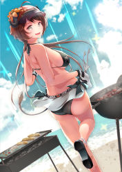 Rule 34 | 1girl, ahoge, arknights, ass, bare legs, beach, bikini, black bikini, blue sky, bow, breasts, brown hair, calamari, clam, cloud, commentary request, cooking, corn, croissant (arknights), day, dermar, fang, flower, food, from behind, gloves, grey eyes, grill, grilling, hair flower, hair ornament, halterneck, highres, horns, large breasts, light rays, looking back, medium breasts, miniskirt, ocean, open mouth, outdoors, penguin logistics (arknights), platform footwear, sausage, sidelocks, skirt, sky, smile, smoke, solo, sparkle, standing, standing on one leg, swimsuit, tongs, visor cap, water