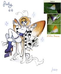 Rule 34 | 1girl, :d, absurdres, antennae, black hairband, blonde hair, blue eyes, boots, breasts, bright pupils, butterfly girl, butterfly wings, cleavage, colored skin, extra arms, gradient wings, grey skin, hairband, hands up, high heel boots, high heels, highres, insect wings, large breasts, looking at viewer, matilda fiship, monster girl, multicolored wings, narrow waist, no mouth, open mouth, original, pointy ears, purple footwear, reference inset, signature, simple background, smile, solo, sparkle, thigh strap, white background, white pupils, white skin, wings