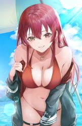 Rule 34 | 1girl, absurdres, anchor symbol, arrow through heart, bare shoulders, beach umbrella, bikini, black jacket, blue sky, breasts, cloud, earrings, grin, hair down, hand up, heart, heart earrings, heart necklace, heterochromia, highres, hololive, houshou marine, houshou marine (summer), jacket, jewelry, large breasts, leaning forward, lens flare, long hair, looking at viewer, navel, necklace, o-ring, o-ring thigh strap, off shoulder, outdoors, plaid, red eyes, red hair, sky, smile, solo, stomach, straight hair, sunlight, swimsuit, thigh strap, towrituka, two-sided fabric, two-sided jacket, umbrella, virtual youtuber, wet, yellow eyes