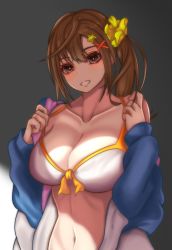 Rule 34 | 1girl, bikini, bikini top only, bikini under clothes, blue jacket, blush, breasts, brown eyes, brown hair, butabanahanafukku, collarbone, dead or alive, dead or alive xtreme, front-tie bikini top, front-tie top, hair ornament, hairclip, hands up, highres, jacket, large breasts, long hair, looking at viewer, misaki (doa), navel, open clothes, open mouth, scrunchie, side ponytail, solo, star (symbol), star hair ornament, swimsuit, white bikini