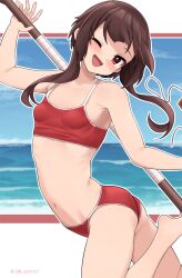 Rule 34 | 1girl, ass, bad anatomy, bare shoulders, bikini, blue sky, blush, breasts, brown hair, collarbone, commentary request, highres, jampen, kono subarashii sekai ni shukufuku wo!, looking at viewer, megumin, navel, ocean, one eye closed, open mouth, red bikini, short hair with long locks, sidelocks, sky, small breasts, smile, solo, staff, swimsuit, thighs