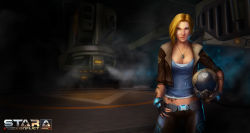 Rule 34 | 1girl, belt, black gloves, blonde hair, breasts, brown jacket, cleavage, fingerless gloves, gloves, glowing, hand on own hip, helmet, highres, holding, holding helmet, indoors, jacket, jewelry, light smile, logo, looking at viewer, machinery, medium breasts, medium hair, midriff, necklace, pilot helmet, science fiction, shirt, solo, standing, star conflict, steam, t-shirt, tattoo
