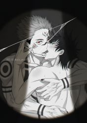Rule 34 | 2022, 2boys, arm tattoo, back, black nails, blush, broken glass, broken window, chest tattoo, commentary request, dated, extra eyes, facial tattoo, fingernails, french kiss, fushiguro megumi, glass, green eyes, hand on another&#039;s face, hands on another&#039;s back, highres, hug, jujutsu kaisen, kiss, looking at viewer, male focus, monochrome, multiple boys, muscular, muscular male, nail polish, nude, pectorals, red eyes, ryoumen sukuna (jujutsu kaisen), saliva, sato zero915, short hair, shoulder tattoo, spiked hair, spotlight, sweat, tattoo, tongue, tongue out, twitter username, undercut, veins, yaoi