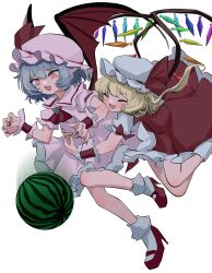 Rule 34 | &gt; &lt;, 2girls, :d, @ @, absurdres, ascot, bat wings, blonde hair, blue hair, collared shirt, falling, fang, flandre scarlet, food, frilled skirt, frills, fruit, hat, high heels, highres, mikan (manmarumikan), miniskirt, mob cap, motion blur, multiple girls, one side up, open mouth, pink shirt, pink skirt, pointy ears, red ascot, red eyes, red footwear, red nails, red skirt, red vest, remilia scarlet, shirt, short hair, siblings, simple background, sisters, skirt, smile, socks, touhou, vest, watermelon, white background, white shirt, white socks, wings, wrist cuffs, xd