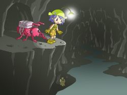 Rule 34 | 1boy, 1girl, ant, backpack, bag, beard, bug, cave, clothed female nude male, explorer, facial hair, hat, hugging own legs, insect, kabiinyo (kab), nude, original, randoseru, sitting, solo, stream, underground, underground river