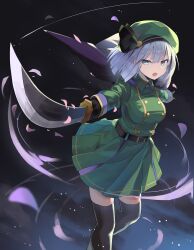 Rule 34 | 1girl, :o, alternate costume, aqua eyes, beret, black gloves, black thighhighs, bob cut, dark background, dress, falken (yutozin), feet out of frame, foreshortening, gloves, green dress, green hat, hat, highres, holding, holding sword, holding weapon, katana, konpaku youmu, long sleeves, looking at viewer, open mouth, outstretched arms, petals, photoshop (medium), pleated dress, revision, solo, standing, sword, thighhighs, touhou, weapon, white hair, zettai ryouiki